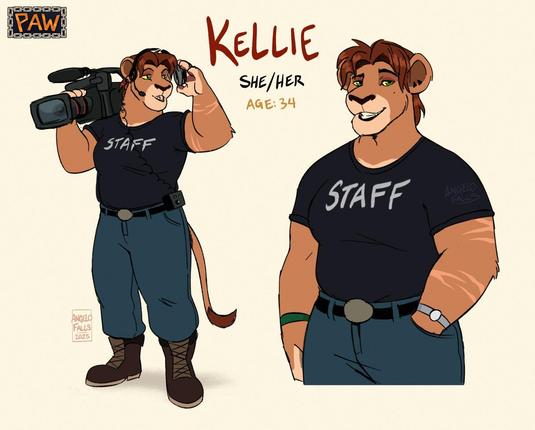 A character ref sheet of Kellie, a buff anthropomorphic maned lioness with some scars on her left arm. She's wearing blue jeans, work boots and a dark t-shirt that says "staff" on the front. On the left pose, she's looking away, holding a broadcast video camera over her shoulder while raising up one side of her headphones to hear something. On the right pose, she's looking at the viewer with a smile. The top text says: "She/Her, Age 34"