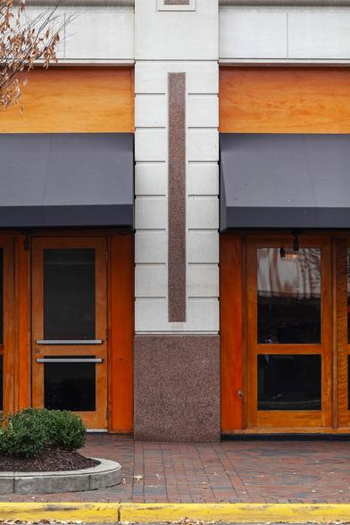 A nearly-symmetrical portrait orientation image looking at the wall of a building on a street. A little setting of brick-tiled pavement with a yellow-painted kerb is at the bottom of the picture and there's a small, raised, brick-lined area of soil with small shrubbery at the bottom left. At ground level on the building wall there are doors either side of a thick stone column. The doors broadly match, with warm, varnished wood tones on their thick frames and large panes of glass mostly rendered black with very little reflection. A fixed blue-grey awning is over both doors with a section of lighter, orange-yellow wood above. The thick column in the centre between the two doors is squared off, with darker, mottled marble at the bottom giving way to large, white blocks of stone through which a rectangular, central spine of mottled marble stretches up. The white blocks then form a T-shape across the top of the image as a whole to complete the symmetric look.