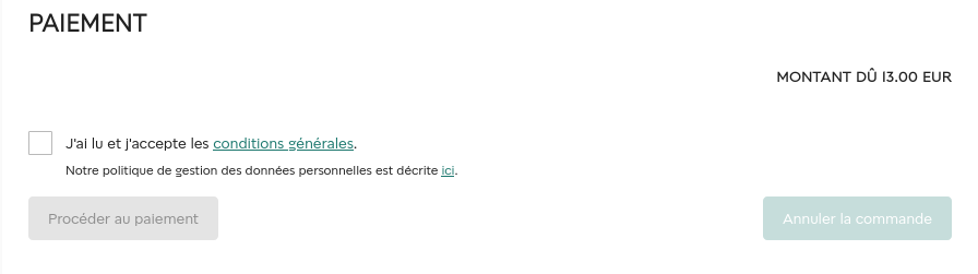 Bloc de validation du paiement, il faut cocher la case des CGU puis le bouton "procéder au paiement" devient actif, il est à gauche.