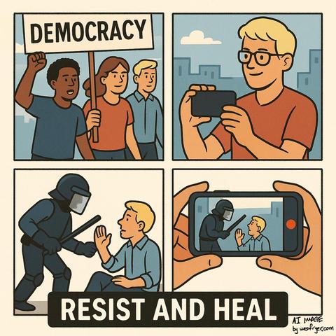 A four-panel comic-style illustration promoting peaceful resistance and media documentation.
Top left: Diverse protesters march together holding a sign that reads “DEMOCRACY.”
Top right: A blond person with glasses calmly records with a smartphone.
Bottom left: The same person, seated, raises a hand in peaceful defiance before an armored officer holding a baton.
Bottom right: A close-up of hands filming the confrontation on a phone screen.
Across the bottom, bold text reads “RESIST AND HEAL.” The tone conveys courage, nonviolence, and solidarity.