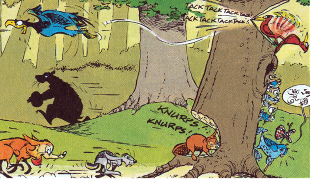 Das Bild zeigt eine Szene aus einem Asterix-Comic, die in einem dichten Wald spielt. Verschiedene Tiere sind im Bild dargestellt: Ein Geier fliegt hektisch davon, ein schwarzer Bär läuft mit einem Bienenkorb in den Händen, während ein Fuchs und ein Hase in die entgegengesetzte Richtung rennen. Ein Biber sitzt am Fuß eines großen Baumes und frisst lautstark am Baum "Knurps! Knurps!". Am Baumstamm klettern kleine Eulenkinder den Baumstamm herunter.
