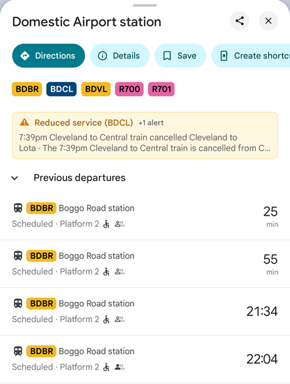 BNE AirTrain departures towards CBD. Last train at 10pm.