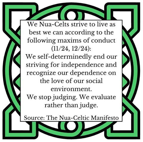 We Nua-Celts strive to live as best we can according to the following maxims of conduct (11-12/24):
We self-determinedly end our striving for independence and recognize our dependence on the love of our social environment.
We stop judging. We evaluate rather than judge.
Source: The Nua-Celtic Manifesto