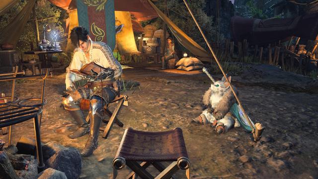 Monster Hunter Wilds screenshot, player character reading, Palico being Palico and staring into space