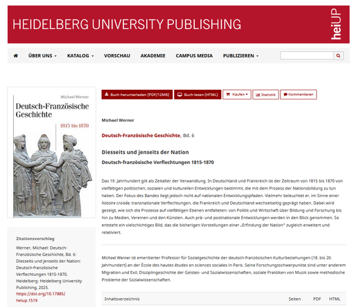 Screenshot der Verlagswebsite, links das Buchcover, rechts der Beschreibungstext