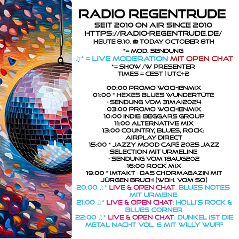 🇩🇪 Plakat mit den heutigen Radiosendungen. Bild (ohne Text): Pixabay, kein Bildquellennachweis erforderlich.

🇬🇧 Poster with details of today's radio shows. Image (without text): Pixabay, no image creds needed.
