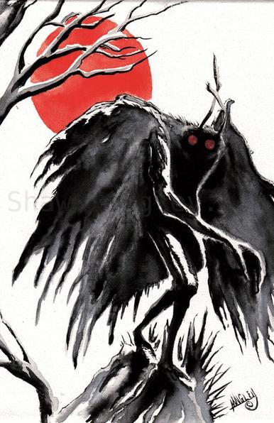 The 8th painting in my Mothman: Blood Moon series! Created using Yasumoto Inks, Pentel brush pens and acrylic paint. Original painting has sold, but prints are available.