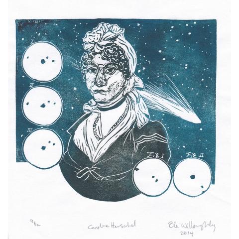 My Linocut portrait of Caroline Herschel against a starry sky with comet and 5 inset diagrams of her observations