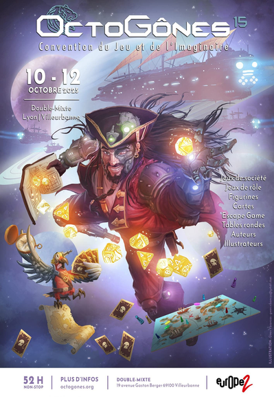 - Un personnage central, vêtu d’un costume fantasy évoquant un magicien ou un voleur, est représenté dans une posture dynamique.
- Il tend la main vers l’avant, tenant un objet lumineux qui semble magique.
- Autour de lui flottent des éléments emblématiques du monde du jeu : cartes, dés, figurines, et autres accessoires.
- L’arrière-plan est cosmique et tourbillonnant, avec des étoiles et des énergies magiques, renforçant l’ambiance imaginative et fantastique.