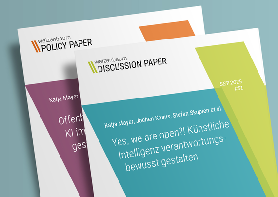 Cover der Publikationen:
Weizenbaum Discussion Paper 51: Katja Mayer, Jochen Knaus, Stefan Skupien et al., Yes, we are open?! Künstliche Intelligenz verantwortungsbewusst gestalten
Weizenbaum Policy Paper 15: Katja Mayer, Jochen Knaus, Stefan Skupien et al., Offenheit neu verhandeln – KI im öffentlichen Interesse gestalten