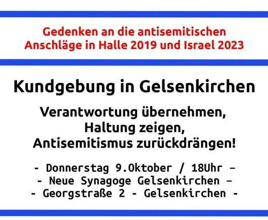 Das Bild zeigt den Aufruf für die Kundgebung heute ab 18:00 Uhr an der Neuen Synagoge in Gelsenkirchen
