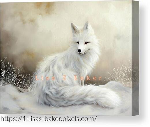 A serene painting of an Arctic fox sitting gracefully in the snow. The fox’s long, fluffy white tail curls elegantly around its body, while its sharp black eyes and nose stand out against its soft fur. A misty, neutral-toned background with delicate frosty plants adds to the calm, wintry atmosphere. Art by Lisa S Baker.