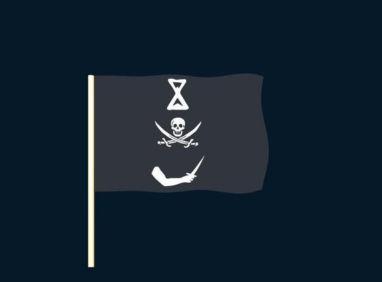 A randomly generated pirate flag. Elements of the flag may include skeletons, skulls, pirates, crossed bones, hourglasses, hearts, and swords.