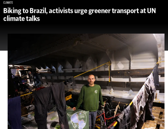 recorte de artículo sobre Antoine Polliand, activista medioambiental que viaja desde Azerbayán hasta la COP30 de Brasil en bici y velero