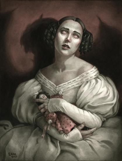 Monochromatic painting of a woman dressed in 19th century clothing, staring into the distance with bloodshot white eyes. She holds a porcelain doll, and her shadow has horns and wings.