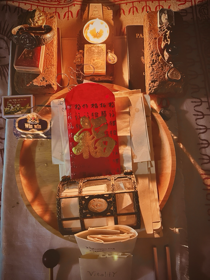A wooden circle sits upon two different fabrics. In the wooden circle are my intentions, a treasure chest of hopes coming true. A red envelope 🧧 containing the work I can give to this world, under is a stack of papers containing every ritual I’ve done over the past 2 years. Below the circle are two envelopes filled with the things I know I need but do not yet have. A tuning fork and mallet are in the bottom right and left of the image. Above the circle there are three bricks of Ayutthaya each with the gifts and symbols of Thailand upon them: Buddhas, Ganeshas, Grand Master Hermits and even more buddhas. The words win win and vitality can be seen. Focus here for a moment? Please send me good vibes of uniting with all that is good and true for me right now?