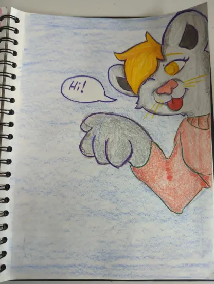 coloured pencil sketch of a furry lioness sticking her tongue out and saying hi