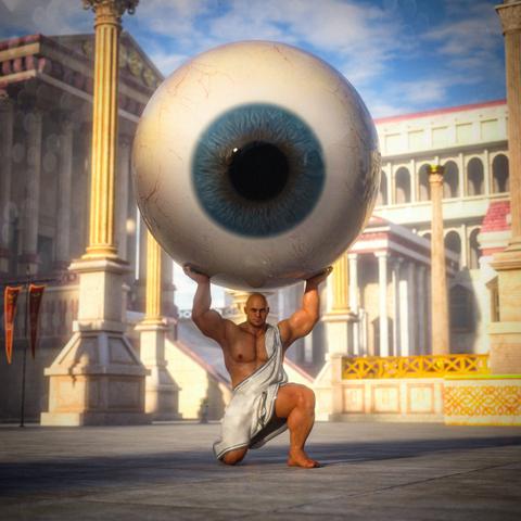 The image features a muscular man with a bald head, dressed in a white toga, holding a giant human eye above his head with both hands. The eye is enormous, and its intricate details, including the iris and pupil, are clearly visible. The setting resembles ancient Roman architecture with tall columns and stone structures in the background. There are banners hanging on the walls and a warm, vibrant sky visible in the distance, suggesting a scene of grandeur and strength. The man is positioned in a crouching stance, supporting the eye as if performing a monumental task.
