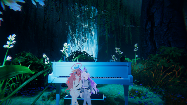 A picture of a white piano sitting in front of a waterfall, surrounded by vegetation. Two avatars sit in front of it with their eyes closed.