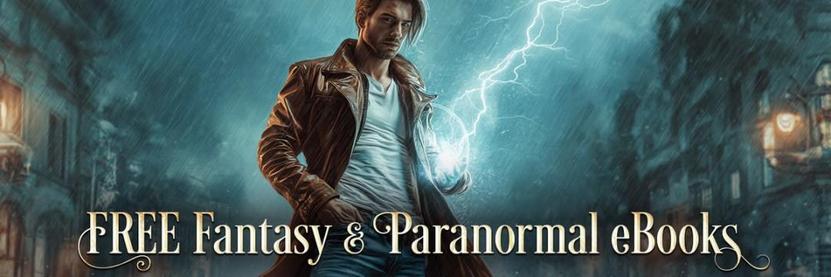 A photo of a man wielding lightning beneath a storm-lit sky. The words FREE FANTASY & PARANORMAL eBOOKS are below.
