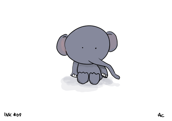 A little elephant drawn with ink and colored in grey-blue with parts in bright red. Looks cute with a big head.