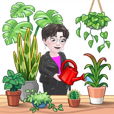 A cartoon-style person with short brown hair, glasses, and a black jacket waters a variety of green houseplants using a red watering can. The plants include a cactus, succulents, and leafy vines, some in pots on a table and one hanging above.