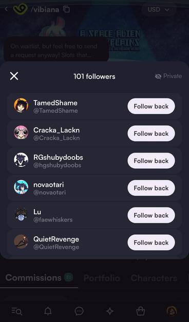 Vibiana’s follower list on VGen, showing 101 followers total