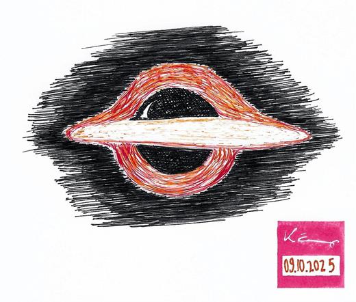 An ink drawing of a black hole shows a black disk behind a ring & disk of orange and red.