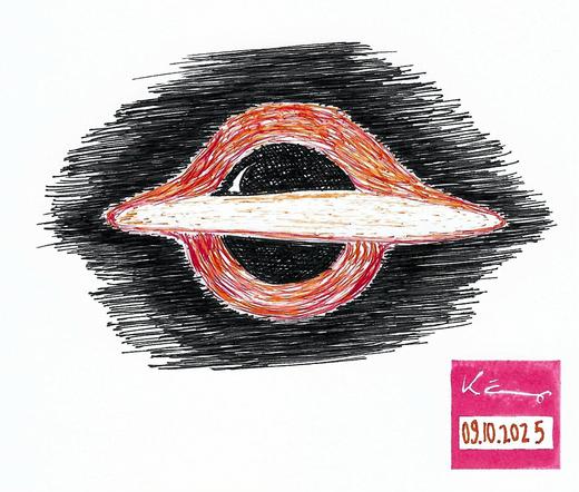 An ink drawing of a black hole shows a black disk behind a ring & disk of orange and red.