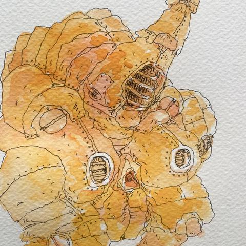Detalle de la ilustracion, robot con color amarillo en manchones de distintos tonos y linea negra de tinta. Muestra varios manchones y placas del acorazado en más detalle