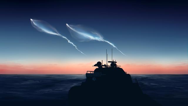 drawing of two rocket launch from the distance