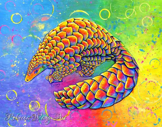 A colorful painting of a pangolin in bright rainbow colors.
