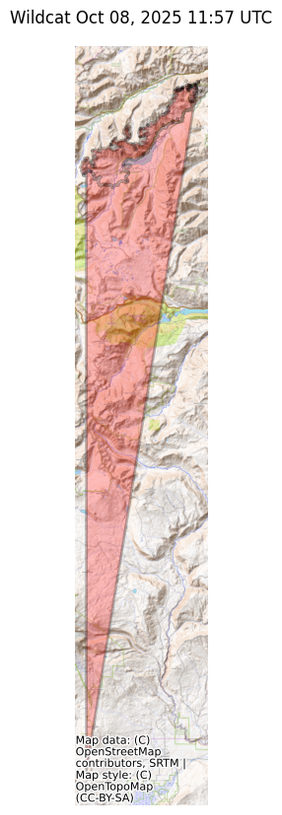Visual map representation of the Wildcat wildfire, showing the perimeters of the 15592.0 acre fire on a map.