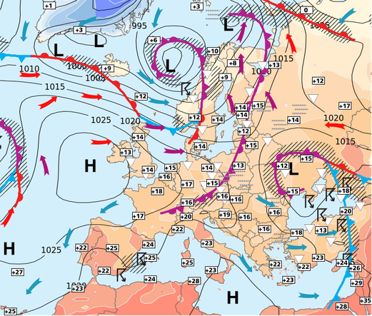 Analyse synoptique de la sitation météo en Europe ce jour.