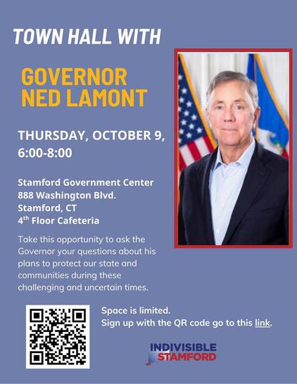Picture of Governor Lamont with text to right side. There is a QR code.