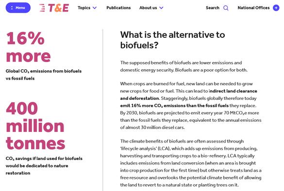 Screen shot of T&E website re new study. 16% more global CO2 emissions from biofuels vs fossil fuels. 400 million tonnes CO2 savings if land used for biofuels would be dedicated to nature restoration. Section heading: What is the alternative to biofuels?