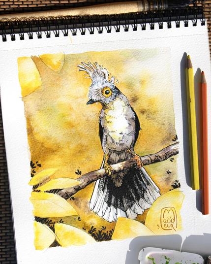 Aquarelle réaliste d'un bagadais casqué avec des réhauts d'encre de chine.
