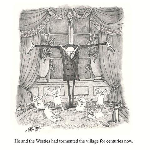 A cartoon illustration of a vampire in his living room surrounded by his pesky West Highland terriers. Caption reads "He and the Westies had tormented the village for centuries now."