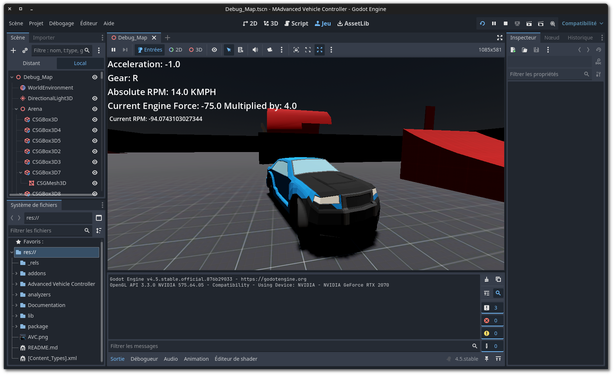 🕶️ Its user interface (v. 4.5, with a dark theme on my Linux PC) with MAdvanced Vehicle Controller, an acrobatic driving simulation (comes with a few jumps, and the game works natively with the gamepad) available from its interface. In Godot, numerous windows and settings are displayed on either side of the screen. Everything is configurable - including the layout of its interface and the internalization or externalization of the game window.

📚️ Godot Engine is a high-performance, libre (very permissive MIT license, no hidden fees), multi-platform 2D and 3D game engine and IDE, extremely feature-rich with a vast set of tools, enabling the developer to create his multi-platform game from scratch without requiring any external tools other than the usual content creation tools (graphics and sound; it includes a tile map editor), and to concentrate on his game without having to reinvent the wheel. It also features an intuitive scripting language (GDScript, inspired by Python and other languages) and can be used with most programming languages.