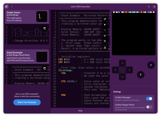 The IDE showing the examples, the editor and the virtual game console