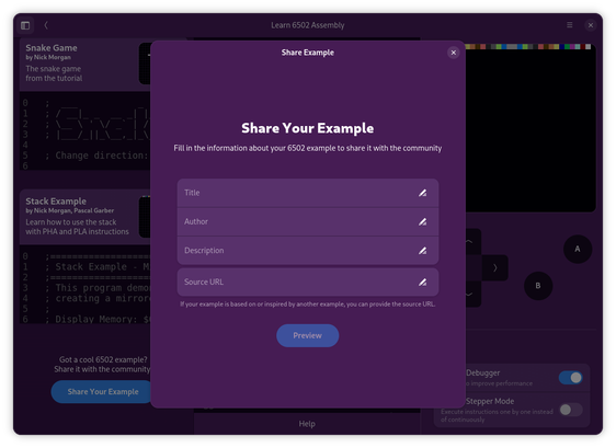 The open example share form dialog