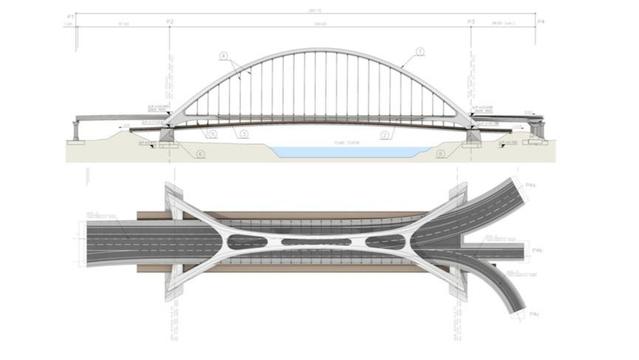 rendering del Ponte dei Congressi sul Tevere tra EUR e Magliana, con dati sui costi e i finanziamenti.