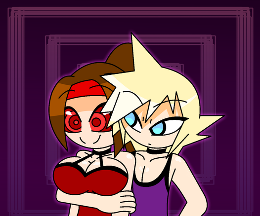 Cloud Strife with his arm around a hypnotized Jessie Rasberry, his arm lifting up her breasts