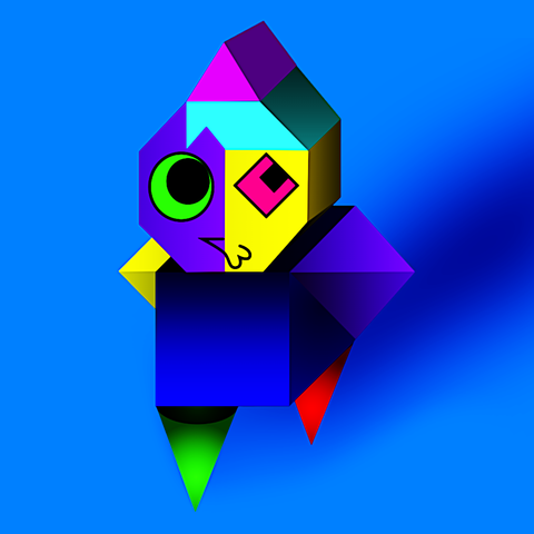 (new, much better, cool)

Colorful, abstract character design that employs geometric shapes and bright colors. The "hair" is cyan blue, and the face is divided into purple and yellow. Wears a neon pink hat. One eye is green and circular, and the other is deep pink with more angular pupils. Has a broken smile. Body is blue. Legs are green and red cones. Angular arms resembling that of a triangular prism switch around the order or colors seen in the face. Facial and bodily features are stylized though shaped rigidly. The character stands against a solid blue background, with some pronounced shadows.

Licensed under Creative Commons Attribution ShareAlike! creativecommons.org/licenses/by-sa/4.0