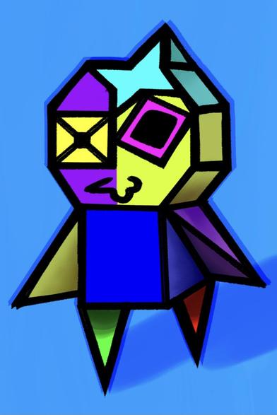 (old design, outdated, concept)
Colorful, abstract character design that employs geometric shapes and bright colors. The "hair" is cyan blue, and the face is divided into purple and highlighter yellow. One eye is true yellow with rectangular pupils, and the other is deep pink with more rounded pupils. Has a broken smile. Body is blue. Legs are green and red cones. Angular arms switch around the order or colors seen in the face. Facial and bodily features are stylized and playful. The character stands against a solid blue background, with some pronounced shadows.

Licensed under Creative Commons Attribution ShareAlike! creativecommons.org/licenses/by-sa/4.0