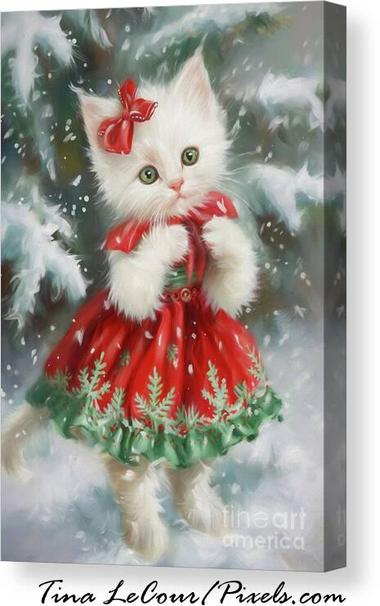 This is a canvas of a sweet little white kitten all dressed in a red and green Christmas dress with a red bow on it's head standing in the winter snow waiting for Santa.