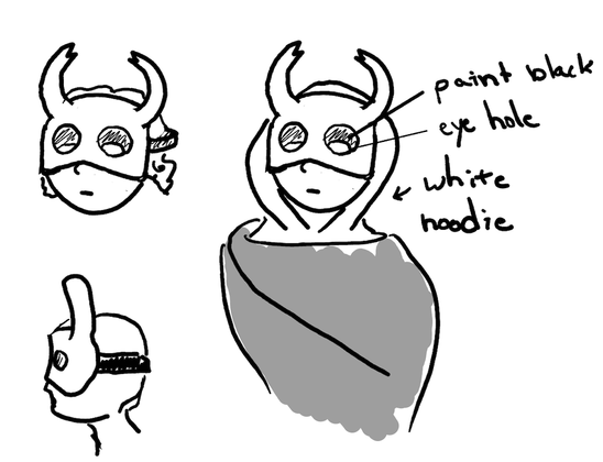 sketches of a boy in a mask with horns, the eyes and hoodie labeled