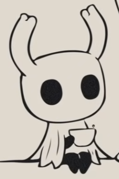 "The Knight" from Hollow Knight drinking a cup of tea