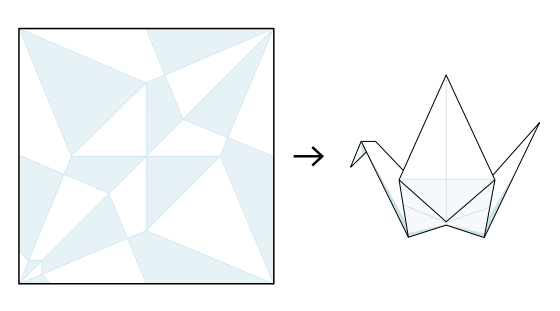 A two-colour crease pattern is on the left. An arrow in the centre points to the resulting origami bird, but the centre flap looks wrong