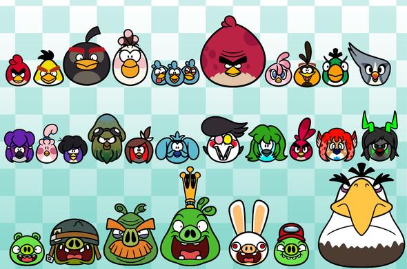 ROW 1: Red, Chuck, Bomb, Matilda, The Blues, Terence, Stella, Bubbles, Hal, Silver

ROW 2: Leilanie, Steph, Erikan, Weresquid, Colleen, Rafa the Beat, Spamton, Riley, Ruby, Julie, Anira

ROW 3: Minion Pig, Corporal Pig, Foreman Pig, King Smooth Cheeks, Rabbid Piggy, Amogus Piggy, Mighty Eagle